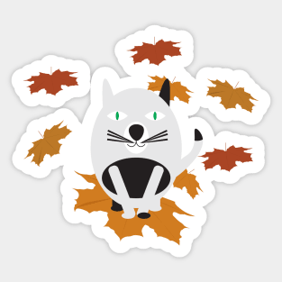 Black White Cat and Brown Fall Leaves Sticker